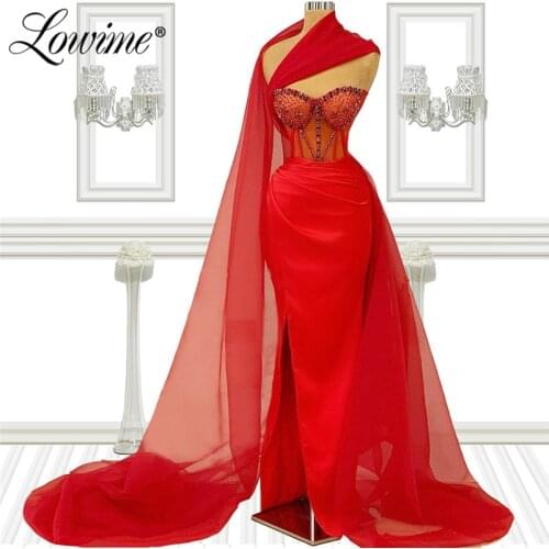 Red Long Beaded Mermaid Party Dresses 2021 Robes Crystals Prom Dress Special Design Arabic Evening Gowns Vestido De Festa