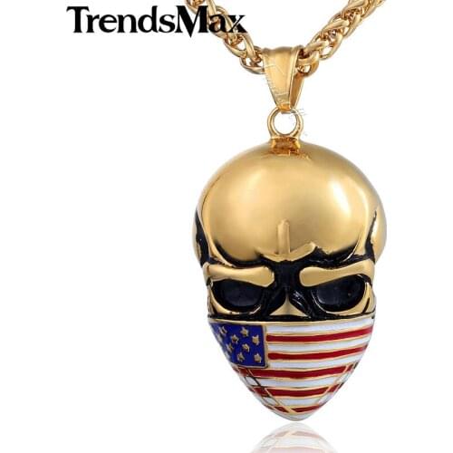 Trendsmax US America Flag Skull Pendant Mens Necklace Gold Silver Color 316L Stainless Steel Links Chain HP537-HP540