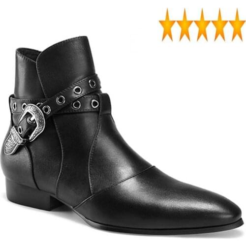 Genuine 2021 Buckle Runway Men Grain Leather Chelsea Cowboy Style Pointed Toe Med Heel Ankle Boots Party Dress Shoe