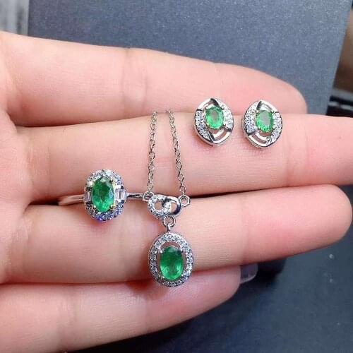 Real Natural Emerald jewelry set Natural Real Emerald 925 sterling silver 1pc pendant,1pc ring,2pcs Earring