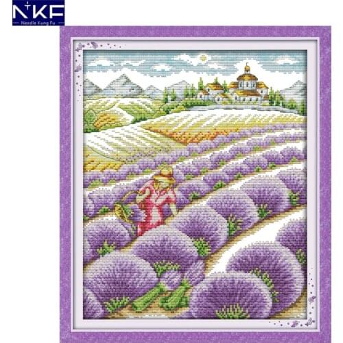 NKF Lavender Field Stamped Cross Stitch Pattern DIY Kit Needlework Embroidery Set Chinese Cross Stitch for Home Decor