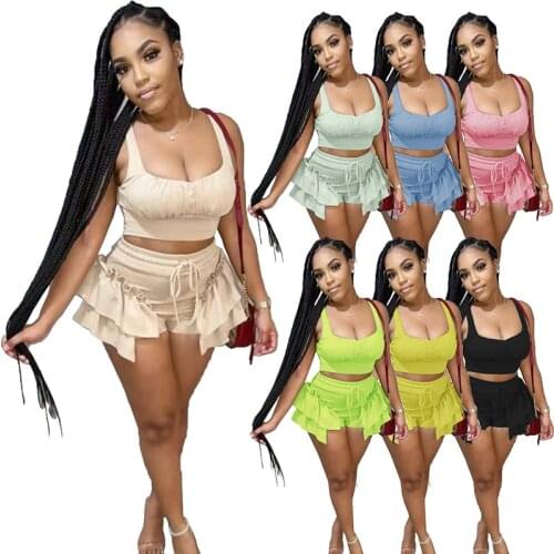 OAKAZER New Women Summer 2 Piece Sets Sexy Ruffles Shorts and Crop Top Fashion Club Vacation Comfortable Female Outfits 2021
