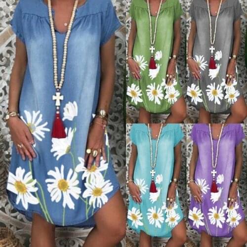 Summer Dress Women Loose Denim Dresses Shrinkage V-Neck Short Sleeve Flower Print Mini Dress For Women Jeans Vestidos Femme Robe