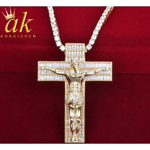 Wholesale Baguette Cross With Jesus Necklace Gold Color Pendant Chain For Men Hip Hop Rock Jewelry