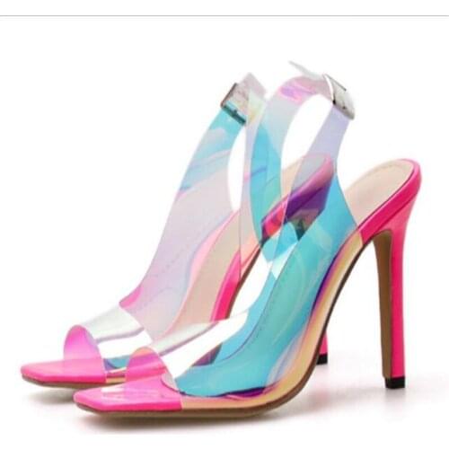 PVC Jelly Sandals Open Toe High Heels Women Transparent Square Toe 11.5CM Thin High Heels Buckle Strap Shallow women shoes