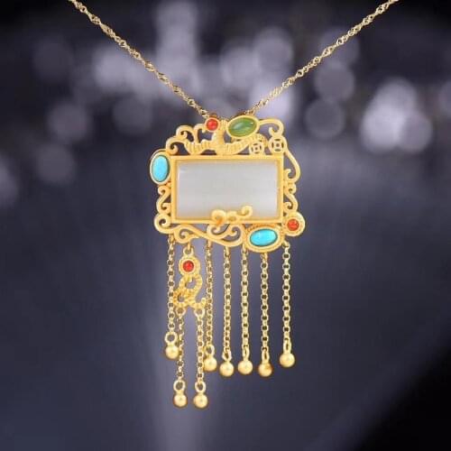 Ancient Style Silver Inlay New Xinjiang Hetian Jade Old Materials Drum Surface Long Shape with Duobao S925 Sterling Silver Penda