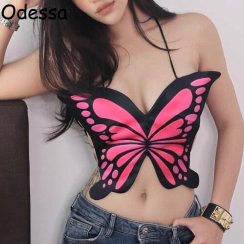 Odessa Sexy Y2K Butterfly Camis Tops Off Shoulder Party Club Tank Women Halter Neck Printed Sleeveless Backless Summer Crop Top