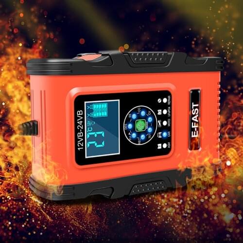 Smart Car Battery Charger 12V 12A 100-240V AC Pulse Repair Power Automatic Charge Charging with Cable Clamps LCD Display
