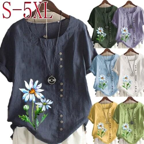 Womens New Fashion Summer Flowers Printed Round Neck Short Sleeve T-shirt Casual Loose Solid Color Blouse Tops Plus Size