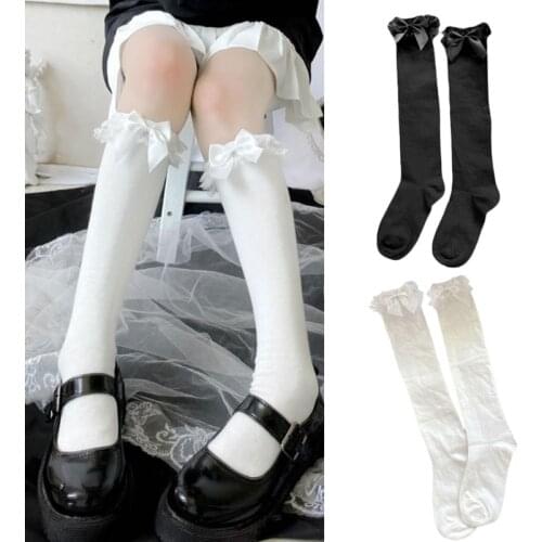 Women Lolita Lace Ruffle Frilly Knee High Socks Kawaii Sweet Bowknot Summer Stretch Solid Color Long Stockings Hosiery Cosplay