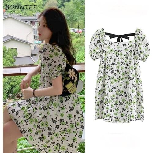 Dresses Women Floral Backless Square Collar Kawaii Lovely Sweet Streetwear Style Ulzzang BF Short Sleeve Mini Vestdios Female