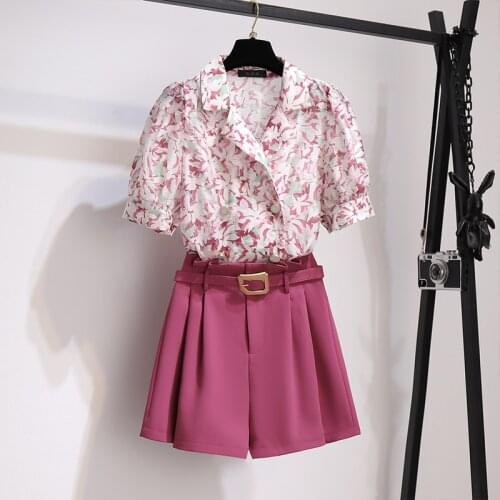 2021 Casual Womens Two Piece Suits Double breasted Print Shirt And Sashes Shorts Women Matching Sets Streetwear