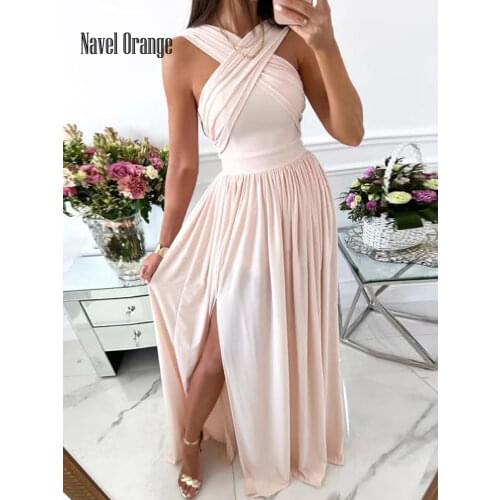 Summer Women Skew Collar Hollow Out Long Party Dress Sexy Sleeveless Printing Split Ladies Dress Elegant Streetwear Dropshipping