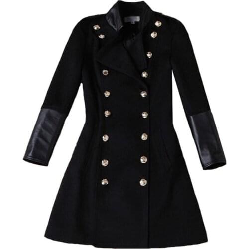 Autumn winter military style pu patchwork woolen coat women double breasted stand collar slim handsome wool blends coat