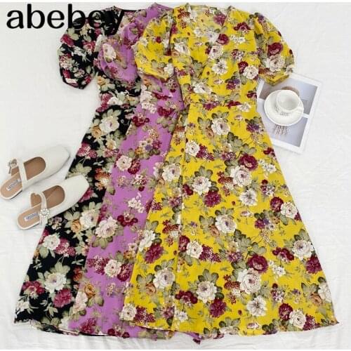 2021 New Spring Summer Women Vintage All-match V-neck floral print Dress waist strap mid length Puff sleeve Dress