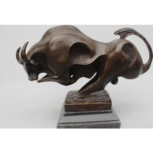 10"Western Art Pure Bronze Marble Carved abstract Lucky Bull Ox Statue sculpture