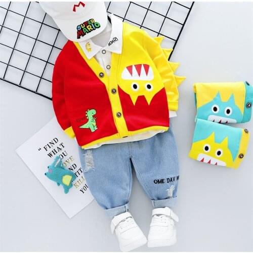 Baby Autumn Clothes Set New Arrival Cartoon Dinosaur Printing Cotton Clothing Set Shirt Jacket and Jeans 3Pcs suit