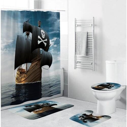 3D Ocean Mysterious Pirate Ship Shower Curtains with Hooks Bathroom Curtain Sets Non-Slip Rugs Toilet Lid Cover Mat Carpet Set