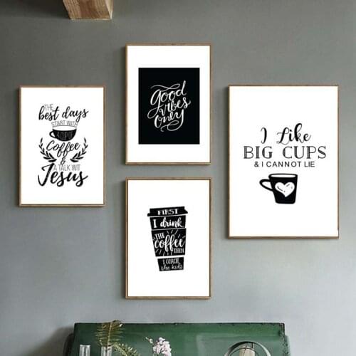 Abstract Coffee Black Cup And Letters Plants Flowers Leaves Canvas Painting Sofa Wall Pictures Poster Living Tea Room Decoration