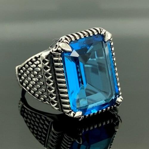 Aquamarine Stone Mens Ring , Turkish Handmade Silver Men Ring , 925 Sterling Silver , Square Stone Ring , Personalized ring for