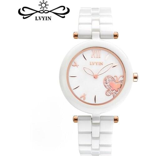 Ceramic Womens Wristwatches Waterproof Ladies Butterfly Display Wristwatch Casual Quartz Watch White Elegant Watches Gift