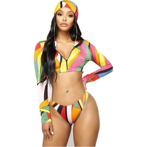 Sexy 3 PCS Womens Long Sleeve Swimwear Push-up Bikini Set Swimsuit Bathing Suit Floral Peint Beachwear