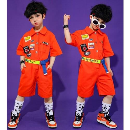 Fashion Hip Hop Dance Clothes For Kids Orange Hiphop Rompers Suit Boys Jazz Modern Dance Costumes Street Dance Outfits DQS7390