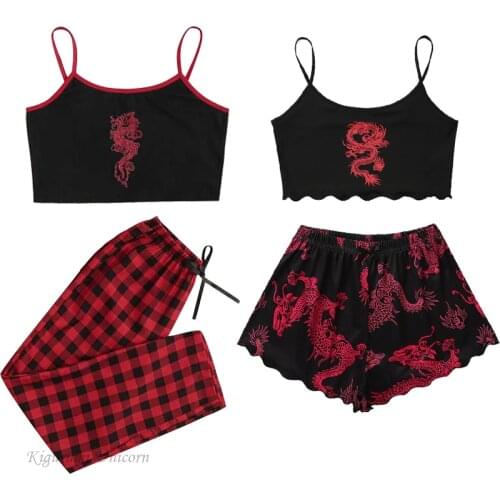 Fashion Pajama Sets Sexy Sling Dragon Animal Print Women Sleepwear Lingerie Underwear Female Homewear Summer Pyjama Femme