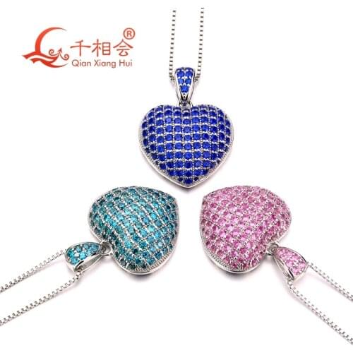 Fashion luxury Wedding Jewelry 925 silver Blue pink green blue small stone heart shape Pendant Necklace