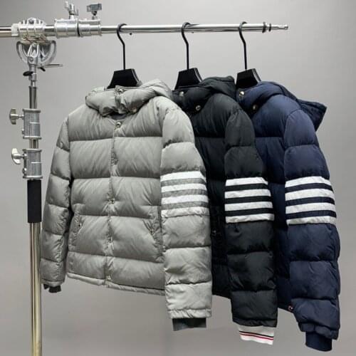 2021 Fashion Brand Men Down Coats Slim Fit Hooded Short Down Jacket Striped Solid Thick Casual Autumn Winter Clothing