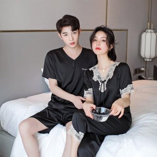 2021 Summer New Couple Pajamas Sets Womens Lace Sexy Korean Fashion Casual Short Sleeve Shorts Suit Mens Home Wear Sleepwear