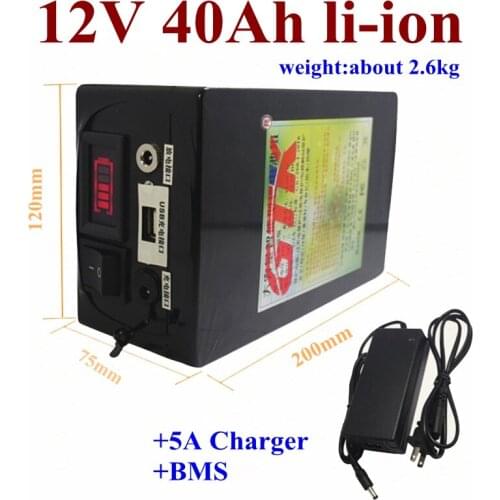 Rechargeable 12v fish finder battery 12v 40Ah 3.7V lithium ion battery pack with bms for 720w 12v fish finder+12.6V 5A Charger