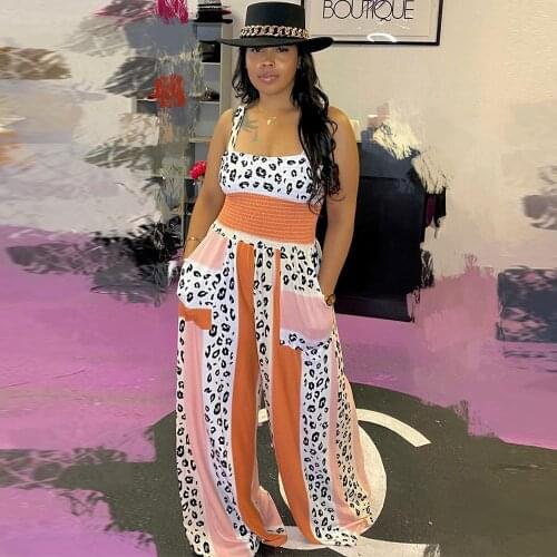 Sexy Fashion Suspender Stretch Pleated Leopard Stripe Print Jumpsuit for Women Low Neck Sleeveless Wide Leg Catsuit Loungewear