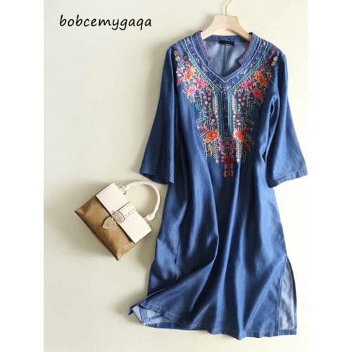 Loose Floral Embroidery Denim Dress Women V Neck Work Office Dress Vestido Mujer Casual Summer Spring Blue Jeans Dress