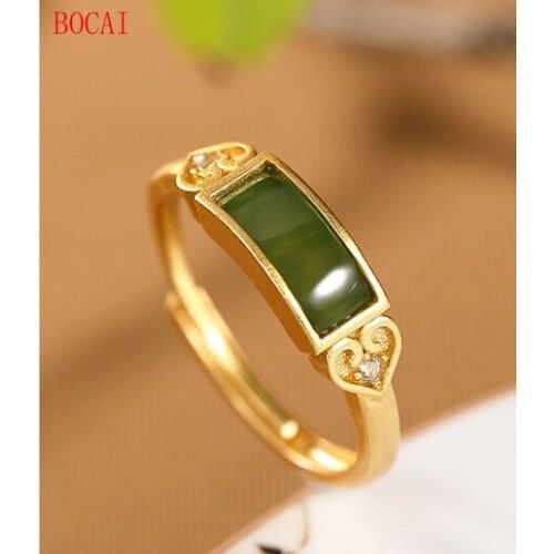 Real S925 sterling silver gold-plated natural Hetian jade jasper ring retro simple love square ladies ring