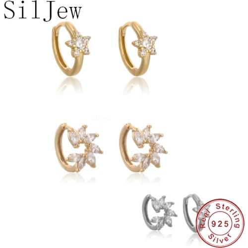 SilJew Luxury 100% 925 Sterling Silver Dangle Charms Pendiente Star Earring Hoops Circle Zircon CZ Zircon Ohrringe Jewelry Gift