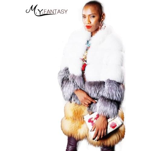 LVCHI Winter 2019 Long Sleeve Real Fox Fur Coats O-Neck Slim Real Natural Fox Fur Coat Womens Contrast Color Striped Fox Coats