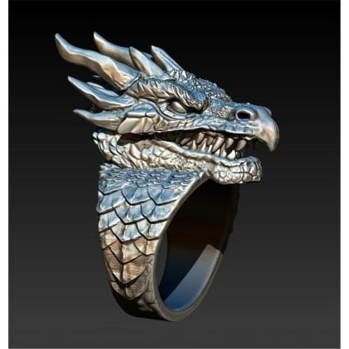 Vintage Punk Gothic Realistic 3D Domineering Dragon Head Ring Mens Fashion Animal Man Ring Fashion Jewelry