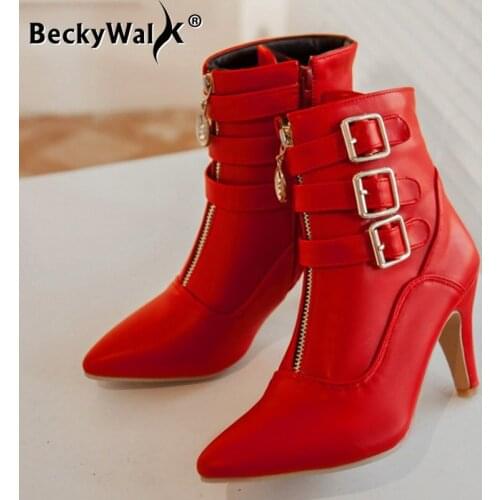 2021 Women Boots Pointed Toe Sexy High Heels Ankle Boots Women Shoes for Autumn Winter zapatos de mujer Black Red White WSH3478
