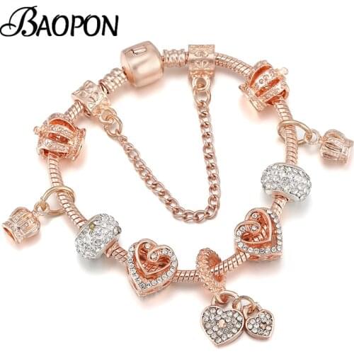 Rose Gold Color Entangled Heart Beads Charm Bracelet With Crown Pendant Brand Bracelet For Women Fiancee Jewelry Dropshipping