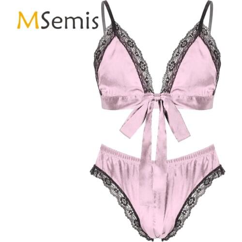 Sissy Lingerie Crossdresser Costume for Mens Shoulder Straps Lace Bra Top with Briefs Satin Pajama Set Lace Trim Sexy Nightwear