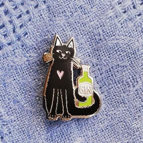 Cute Black Cat Gin Hard Enamel Pin Cartoon Animal Medal Brooch Accessories Kawaii Kitty Drink Metal Badge Fashion Lapel Pins
