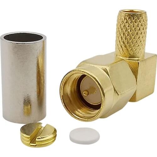 1Pcs Right Angle SMA Male Crimp RF Connector Brass Gold Plated SMA Plug Solder Adapter for RG58 RG400 RG142 LMR195 Coaxial Cable