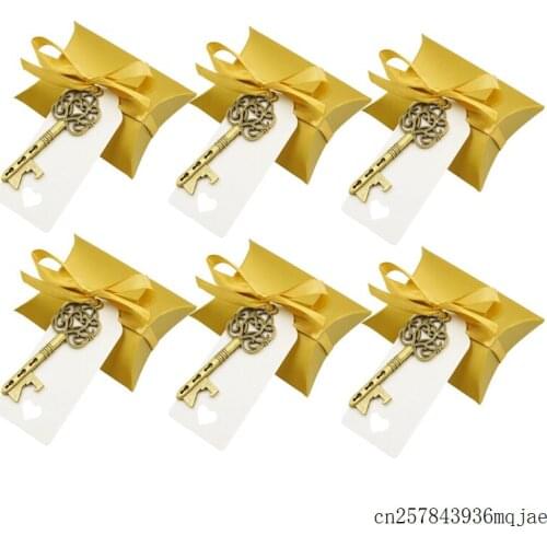 100Sets Pillow Candy Box Vintage Skeleton Key Bottle Openers Tag + Ribbon + Box Wedding Favor Gift Party Supplies