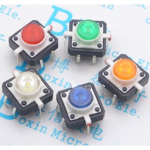 5pcs/lot 12*12 Red, Yellow, Blue, Green and White LED with Light Push Button Touch Switch, Keyboard Move Micro Open Frequently