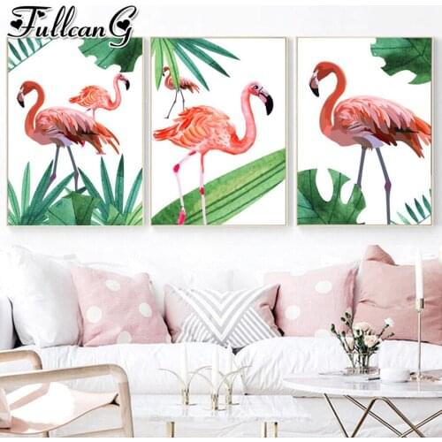 FULLCANG 5d diy diamond embroidery Flamingo animals diamond painting triptych full square round drill home decoration FC2454