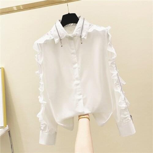 Zipper Collar Ruffles White Women Shirts 2021 Summer New Solid Loose Office Lady Elegant Shirts Outwear Coat Tops