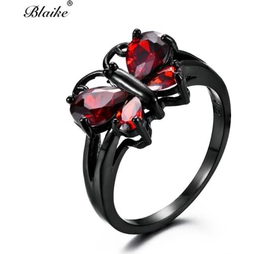 Blaike Cute Butterfly Red/Pink/Black/White Zircon Rings For Women Black Gold Filled Charm Multicolor Birthstone Ring Animal Anel