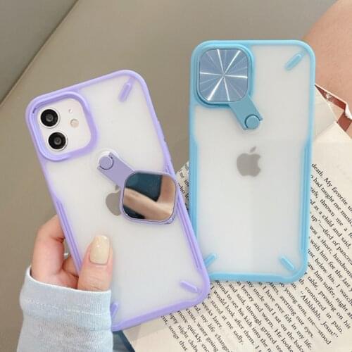 Clear Rotatable Mirror Lens Protection Kickstand Case For iPhone 12 11 Pro Max XR XS Max 7 8 Plus Soft TPU + PC Holder Cover