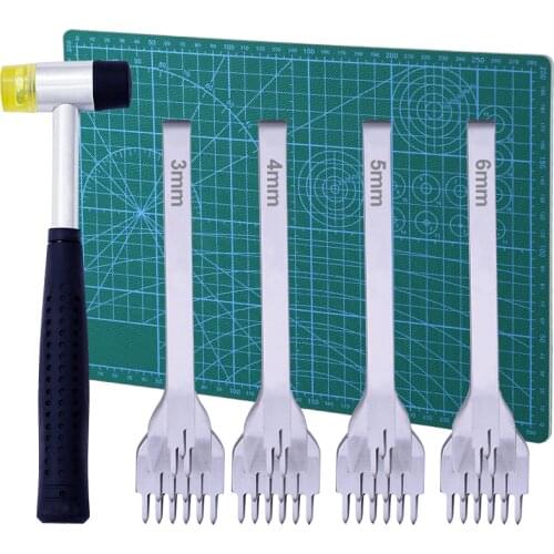 MIUSIE Hole Punches 1/2/4/6 Prong Spacing Punch Tool with A4 Cutting Mat Hammer Leather Working Kit for Leather Stitching Sewing